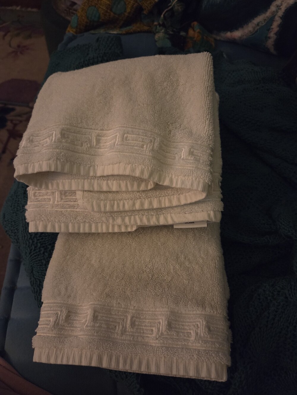 Pair Of Williams Sonoma Classic White Greek Key Decorative Border Hand Towels